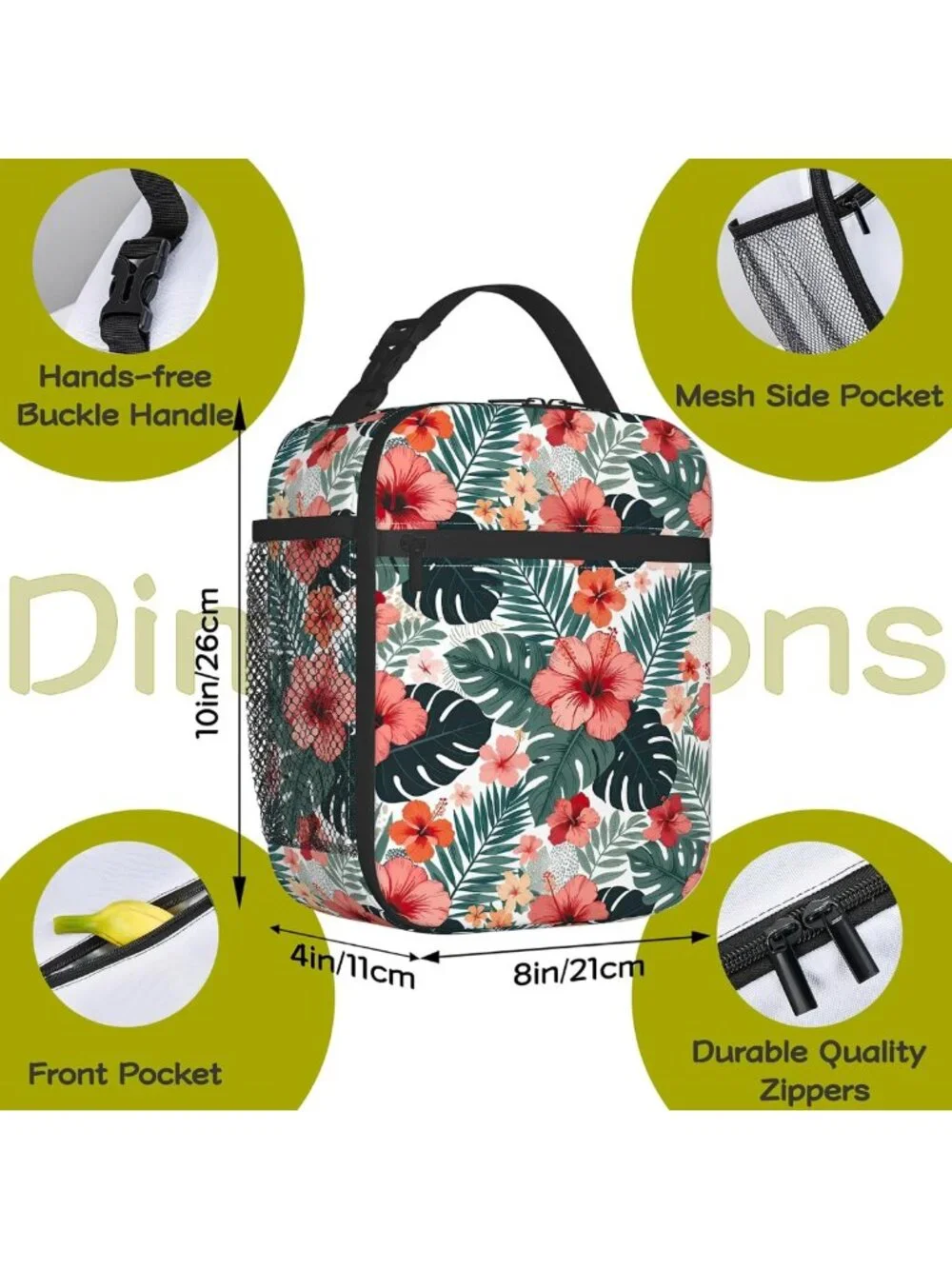Insulated Tropical Hibiscus Kids Lunch Bag | Reusable Leakproof Cooler Tote for